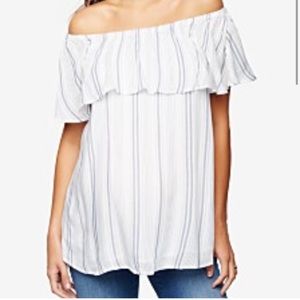 Luxe Essentials Denim | Ruffled Off-Shoulder Stripped Top
